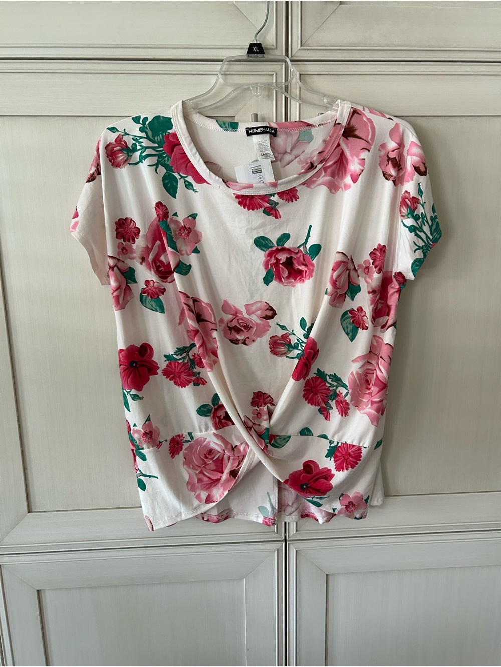 HEIMISH USA White Floral Twist-Front Short Sleeve Top - Pink & Green